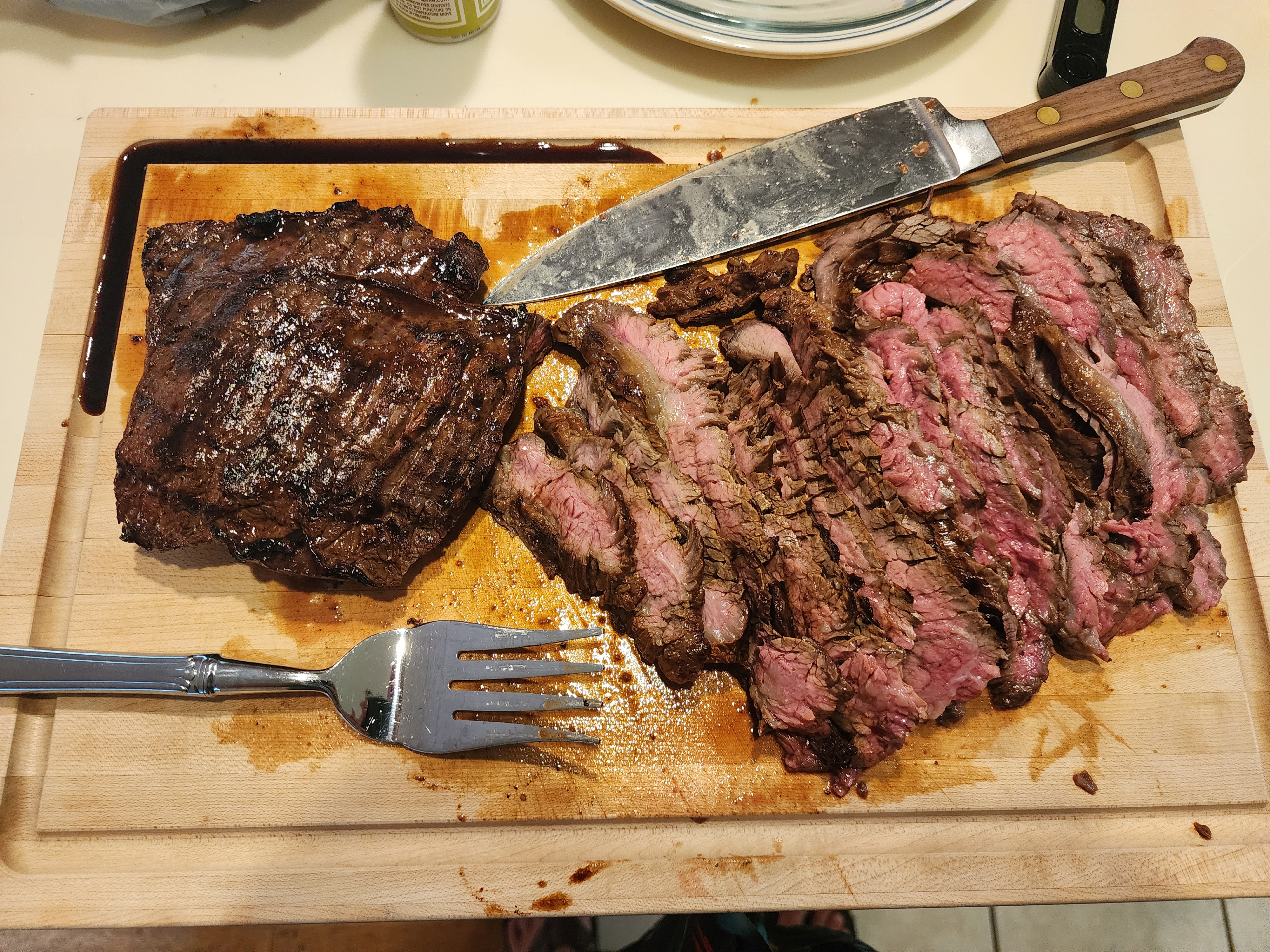 Sliced skirt steak on the board